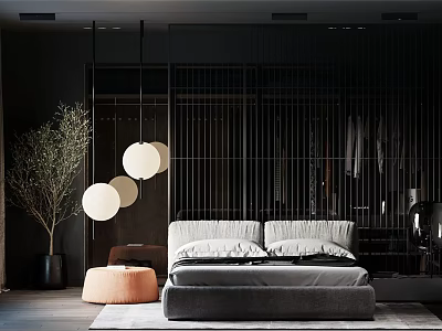 Modern Bedroom Interior Design With Dark Tones Pendant Lights Platform Bed And Potted Plant 3d model