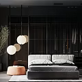 Modern Bedroom Interior Design With Dark Tones Pendant Lights Platform Bed And Potted Plant
