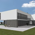Modern Detached Villa Featuring White Exterior Stone Wall Floor to Ceiling Windows and Lush Lawn