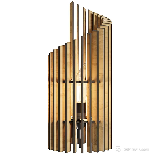 Modern Wooden Wall Lamp With Vertical Slats And Warm Ambient Lighting 3d model 