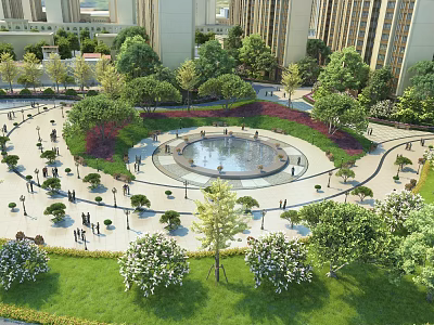 Scenic Courtyard Garden Featuring Central Fountain Circular Walkways Lush Trees Green Lawns And People 3d model