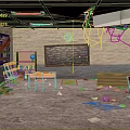 Cartoon Scene of Messy Classroom With Broken Walls Falling Ceiling Scattered Papers And Tilted Desks