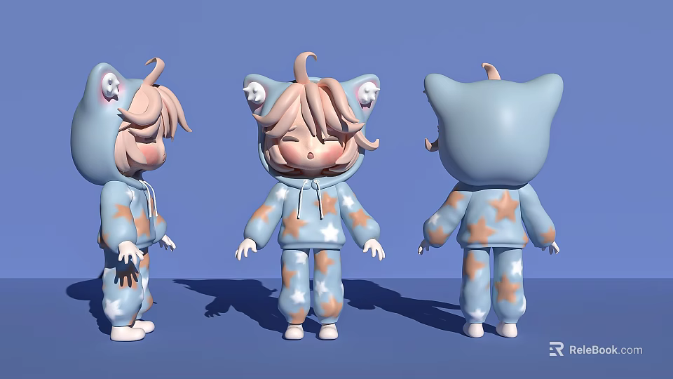 Cute Cartoon Character Wearing Blue Star Pattern Onesie with Cat Ear Hood Three Angles 3d model 