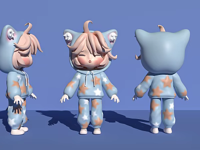 Cute Cartoon Character Wearing Blue Star Pattern Onesie with Cat Ear Hood Three Angles 3d model