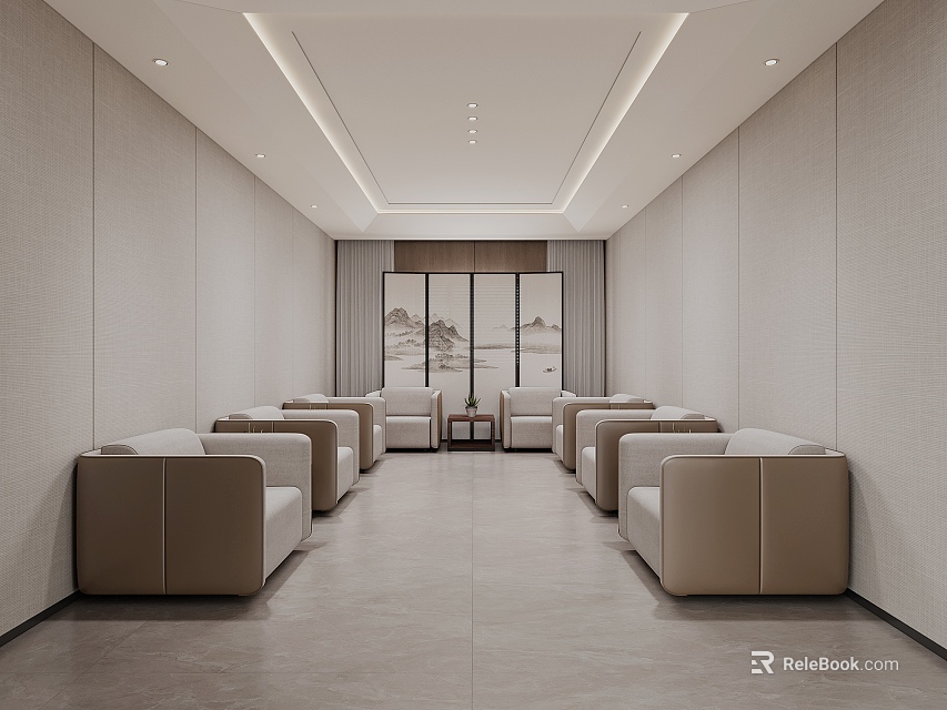 Elegant Modern Front Desk Reception Area With Beige Sofas Landscape Painting And Minimalist Walls 3d model 