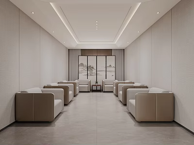 Elegant Modern Front Desk Reception Area With Beige Sofas Landscape Painting And Minimalist Walls 3d model