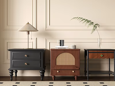 Stylish Bedside Tables with Black Brown Finish Vintage Legs Woven Panels Books and Plant 3d model