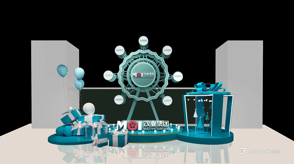 Colorful Exhibition Display With Ferris Wheel Gift Boxes Balloons And Agricultural Group Setup 3d model 