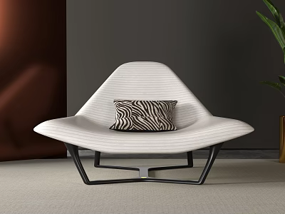 Stylish White Leisure Chair With Zebra Print Pillow And Black Metal Legs Design 3d model