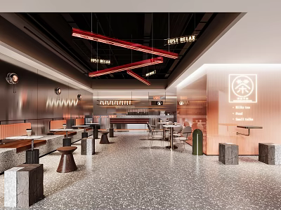 Modern Bubble Tea Shop Interior With Seating And Red Lights 3d model
