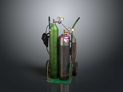 Portable Industrial Gas Cylinder Cart With Two Cylinders Valves Gauges And Hoses 3d model