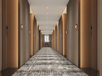 Elegant Modern Hotel Corridor Interior Design With Wooden Doors Wall Lamps And Patterned Carpet 3d model
