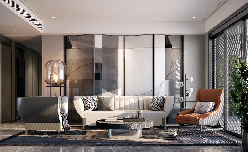 Modern Living Room Coffee Table With Sofa Floor Lamp And Accent Chair 3d model 
