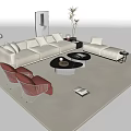 Modern Beige Sectional Sofa Set Interior With Orange Accent Chairs And Round Coffee Tables 3d model