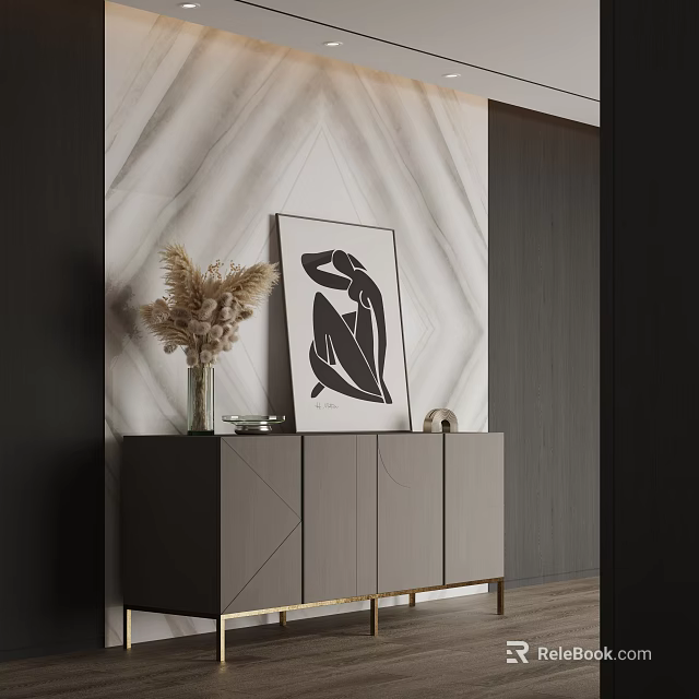 Gray Entryway Side Cabinet with Marble Textured Wall Dried Pampas Grass Vase and Framed Art 3d model 