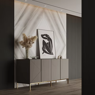 Gray Entryway Side Cabinet with Marble Textured Wall Dried Pampas Grass Vase and Framed Art 3d model