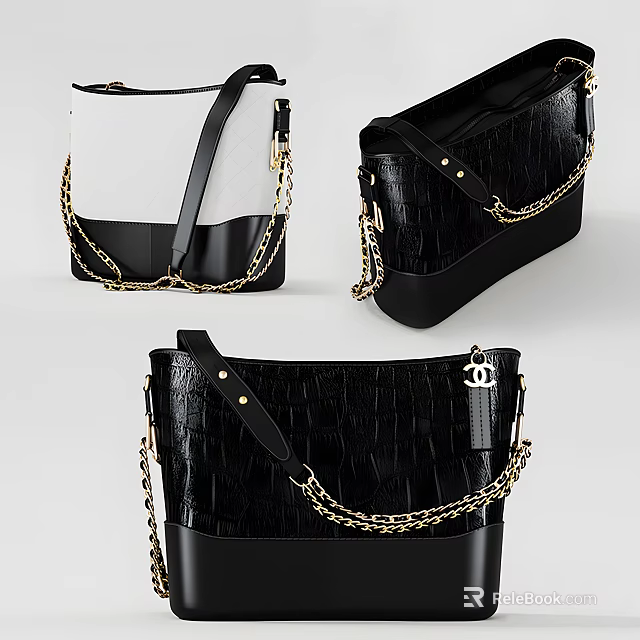 Stylish Black And White Tote Bags With Crocodile Pattern And Golden Chain Straps 3d model 