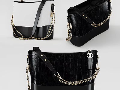 Stylish Black And White Tote Bags With Crocodile Pattern And Golden Chain Straps 3d model