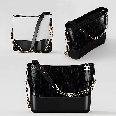 Stylish Black And White Tote Bags With Crocodile Pattern And Golden Chain Straps 3d model