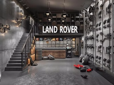 Land Rover 4S Store Auto Parts Display With Tires Shelves And Modern Industrial Interior 3d model