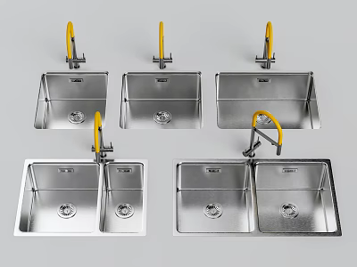 Stainless Steel Kitchen Sinks With Yellow Faucets Single And Double Bowl Designs 3d model