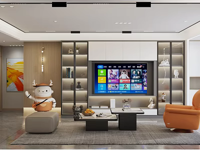 Modern Living Room Interior With Smart Robot TV Wall Coffee Table Fruits And Orange Chair 3d model