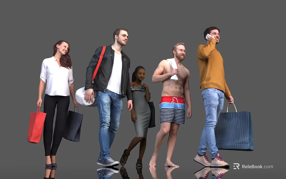 Group of People in Various Outfits Walking With Shopping Bags and Talking on Phone 3d model 