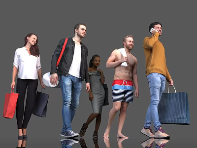Group of People in Various Outfits Walking With Shopping Bags and Talking on Phone 3d model