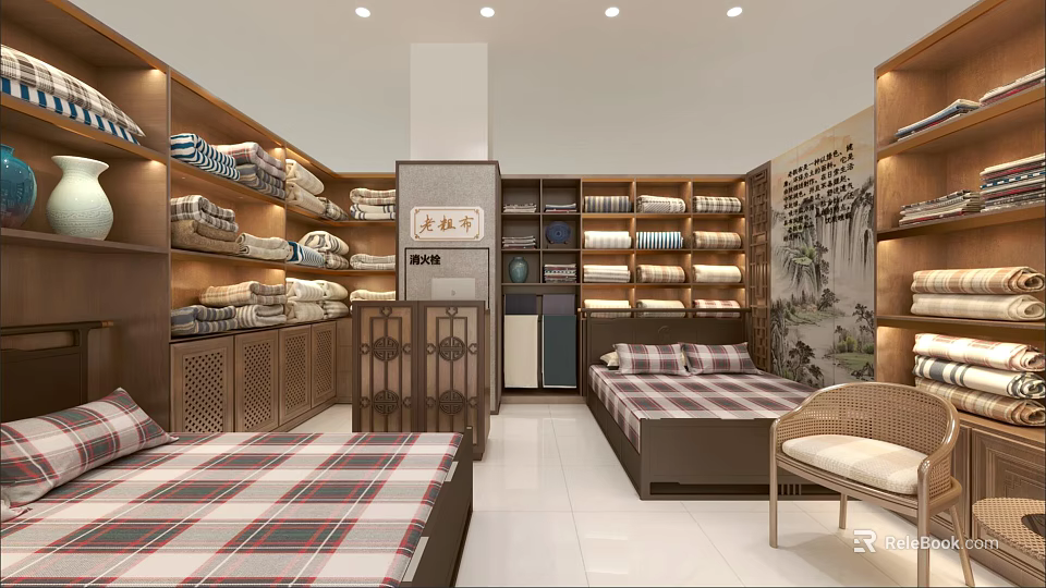 Chinese Style Home Textiles Store With Wooden Shelves Beds Quilts Towels And Ink Painting Decor 3d model 