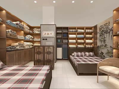 Chinese Style Home Textiles Store With Wooden Shelves Beds Quilts Towels And Ink Painting Decor 3d model