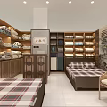 Chinese Style Home Textiles Store With Wooden Shelves Beds Quilts Towels And Ink Painting Decor