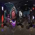 Modern Bar Interior With Red Black Shelves Neon Lights Bar Counter And Stools