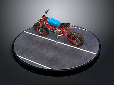 Red And Blue Off Road Motorcycle On Circular Gray Platform With White Lines 3d model