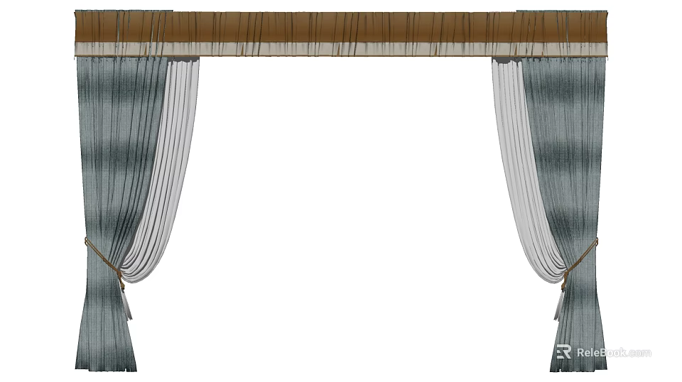 Blue Gray Textured Curtains with Brown Valance and Tied Side Panels 3d model 
