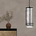 Warm Beige Wall Interior Featuring Dried Leaf Vase And Pendant Light On Cabinet 3d model