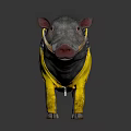Warthog Wearing Yellow Raincoat With Plaid Collar On Gray Background And Floor Reflection