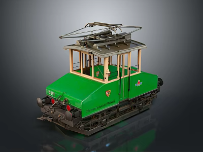 Green Vintage Tram Car Model Featuring Wooden Structure Metal Parts Overhead Wire And Body Emblem 3d model