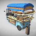 Blue Mobile Food Cart With Blue Canopy And Food Display Shelves For Hungry Customers