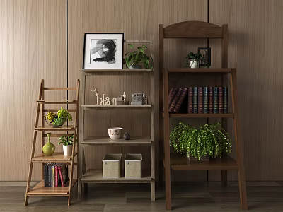 Decorative Wooden Shelves With Plants Books Decor Items Woven Baskets And Photo Frame In Home Interior 3d model