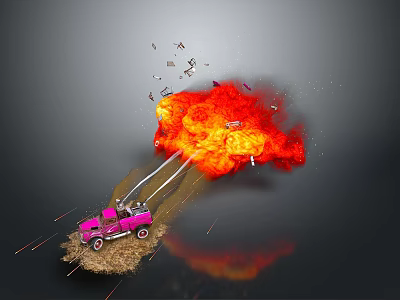 Pink Truck Emitting Large Orange Red Flames With Flying Debris On Dark Background 3d model