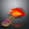 Pink Truck Emitting Large Orange Red Flames With Flying Debris On Dark Background