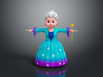 Cartoon Senior Woman in Blue Starry Dress with White Hair Holding Golden Star Wand 3d model