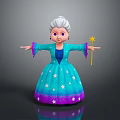 Cartoon Senior Woman in Blue Starry Dress with White Hair Holding Golden Star Wand