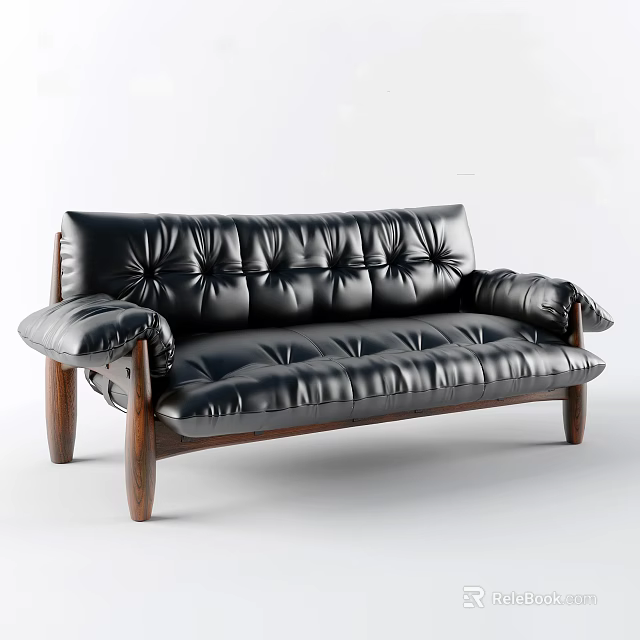 Black Leather Multi Seat Sofa with Tufted Button Details and Solid Wooden Legs 3d model