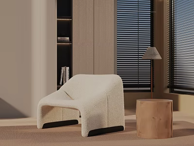 Cream Sherpa Lounge Chair With Round Wooden Stool And Window Blinds In Modern Interior 3d model