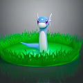 Blue And White Snake Like Creature In Green Grassy Area With Red Eyes