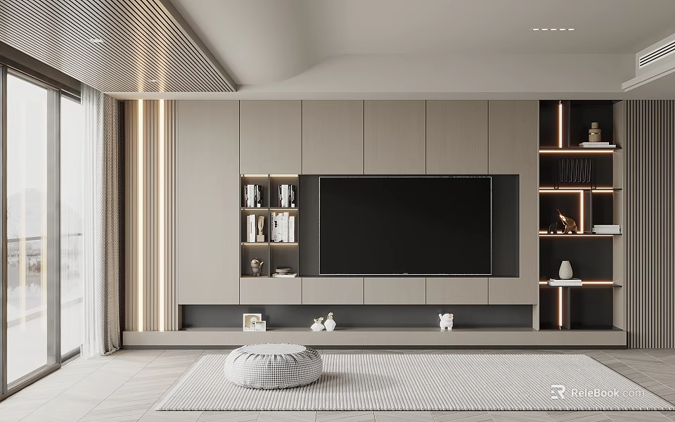 Modern TV Background Wall In Minimalist Interior With Storage And Lighting 3d model 