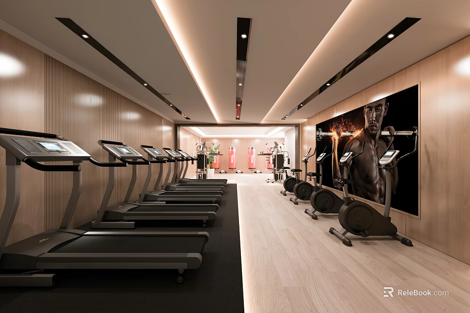 Modern Fitness Gym Interior With Treadmills Elliptical Machines Wooden Walls And Fitness Poster 3d model 