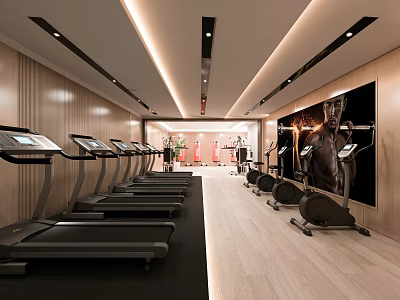 Modern Fitness Gym Interior With Treadmills Elliptical Machines Wooden Walls And Fitness Poster 3d model