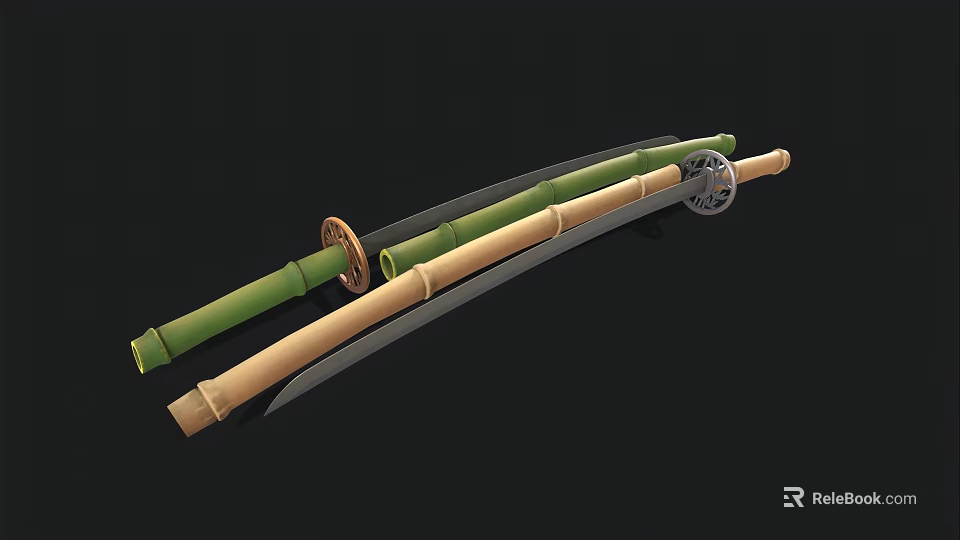 Traditional Japanese Katanas Samurai Weapons With Green And Beige Scabbards Sharp Blades And Decorative Tsuba 3d model 